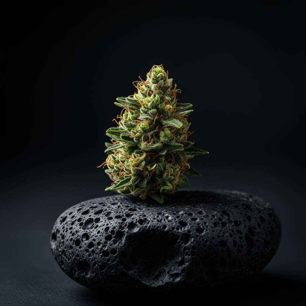 A single cannabis flower bud resting on a black basalt stone
